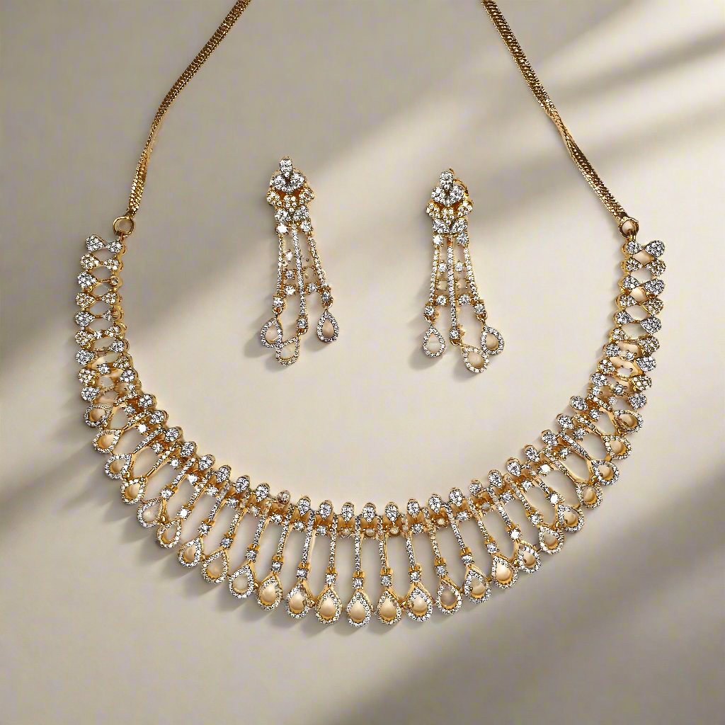 Golden White Cubic Zirconia Necklace with Earrings