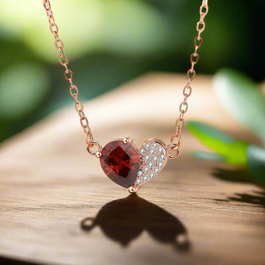 Rose Gold Irregular Red Cubic Zirconia Heart Necklace - Sterling Silver