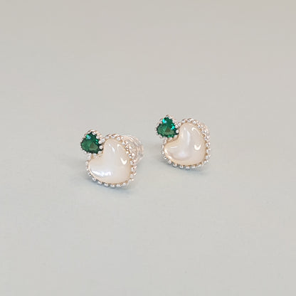 Silver Green Cubic Zirconia & White Shell Stud Earrings - Sterling Silver