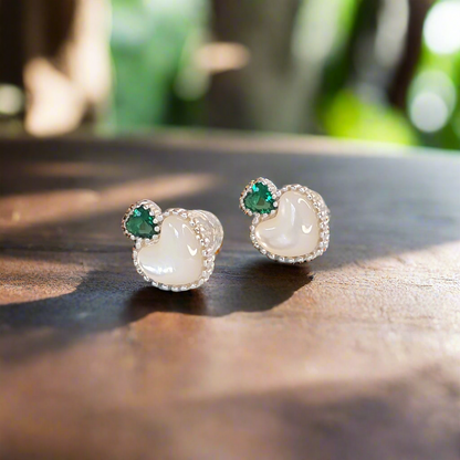 Silver Green Cubic Zirconia & White Shell Stud Earrings - Sterling Silver