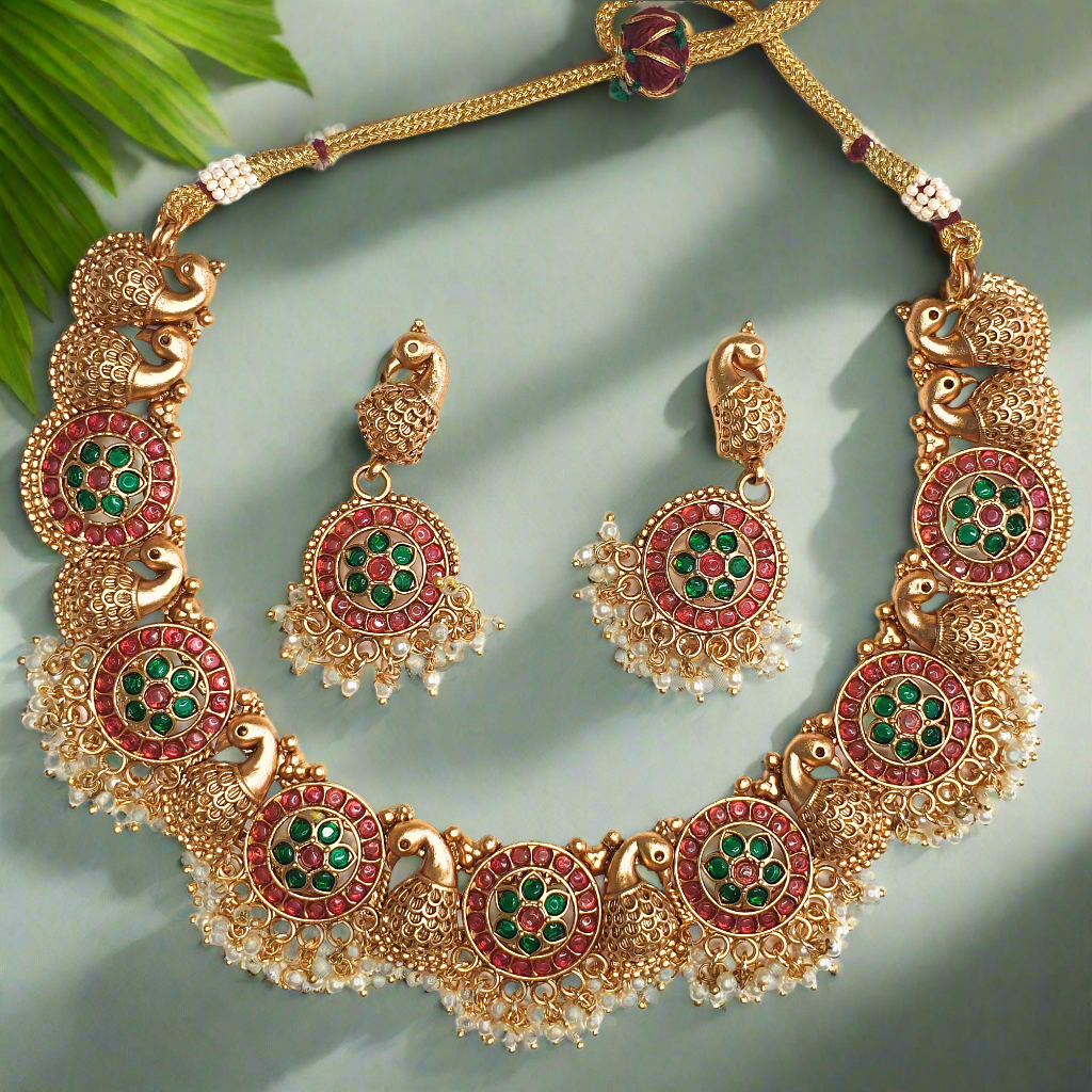 Peacock Ruby Green Antique Necklace with Earrings