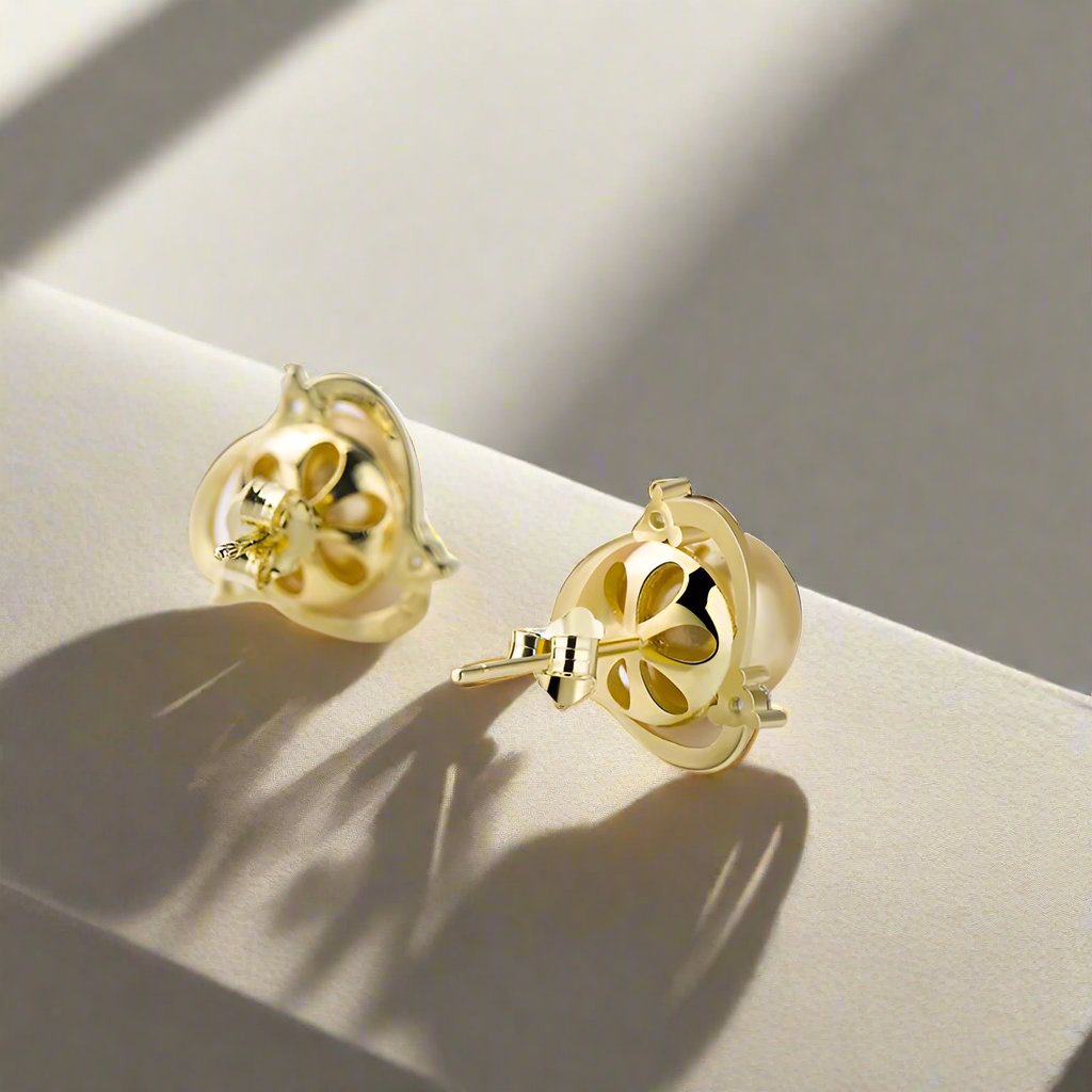 Golden Shell Pearl Stud Earrings - Yellow Gold & Sterling Silver