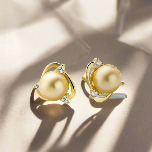 Golden Shell Pearl Stud Earrings - Yellow Gold & Sterling Silver