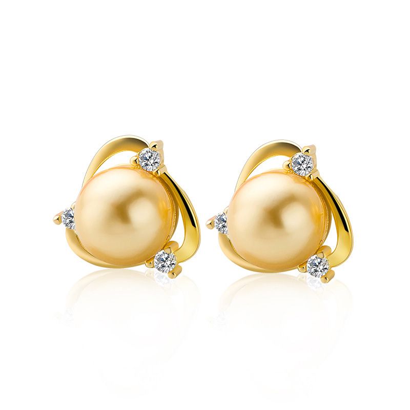 Golden Shell Pearl Stud Earrings - Yellow Gold & Sterling Silver