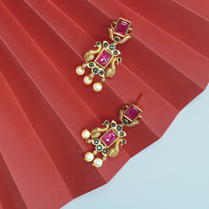 Golden Peacock Ruby Green Choker with Earrings