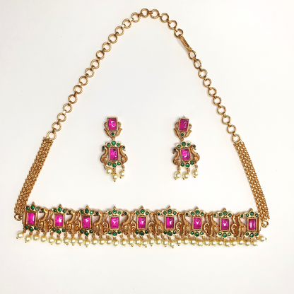 Golden Peacock Ruby Green Choker with Earrings