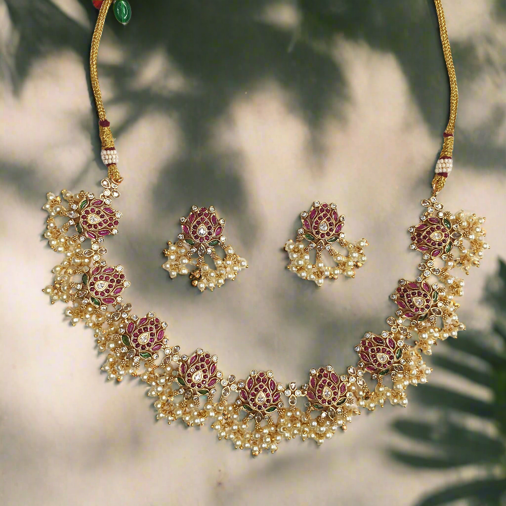 Ruby Green Cluster Pearls  Antique Necklace with Earrings