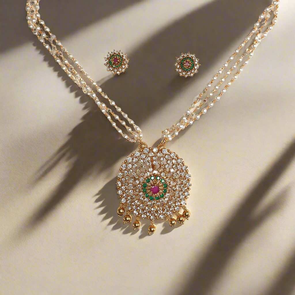 Ruby Green Cubic Zirconia Long Necklace with Earrings