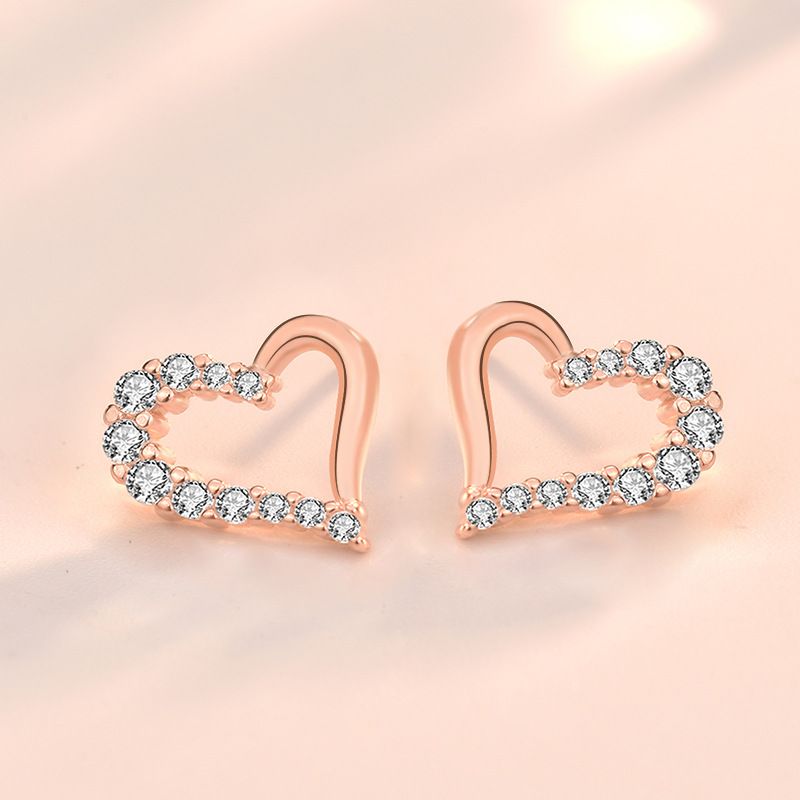 Rose Gold Irregular Cubic Zirconia Hollow Heart Stud Earrings - Sterling Silver