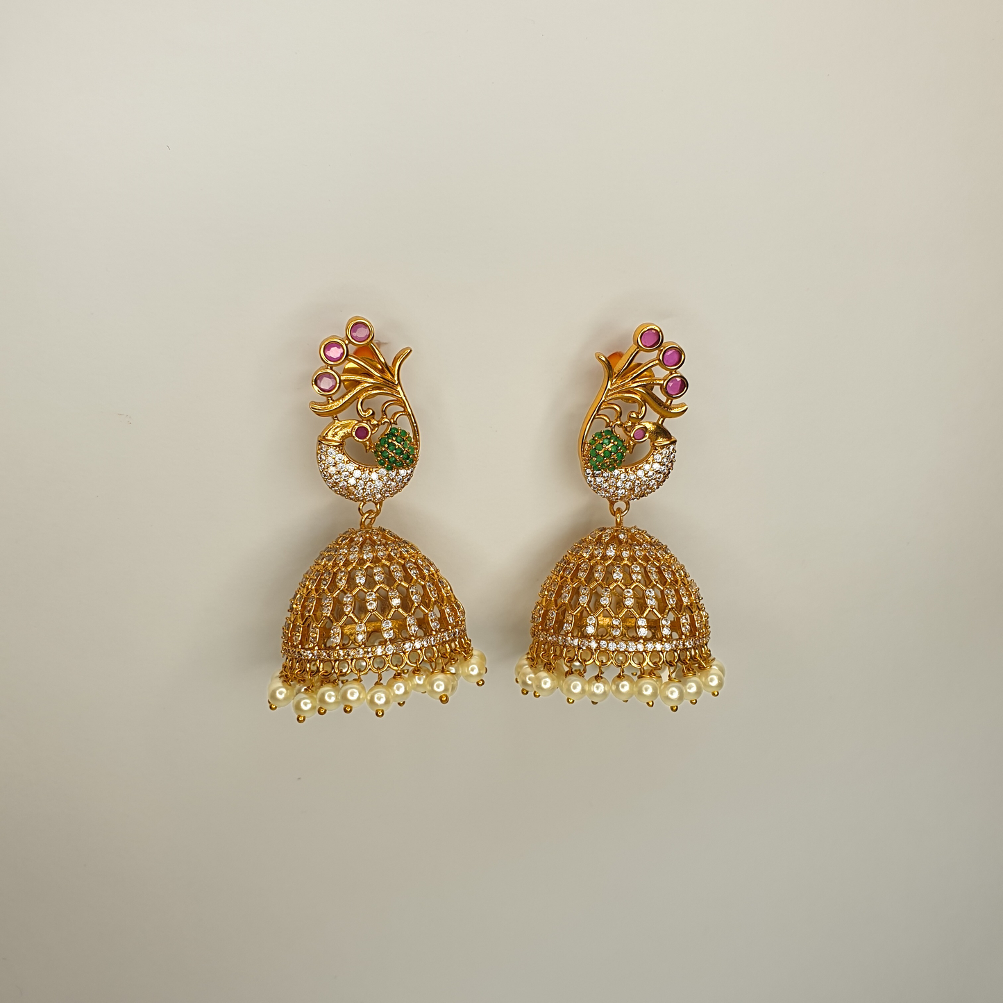 Ruby Green Cubic Zirconia Peacock Jhumka