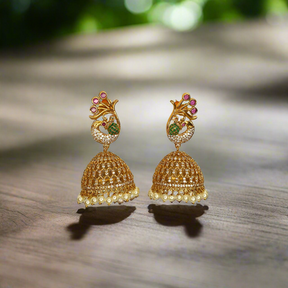 Ruby Green Cubic Zirconia Peacock Jhumka