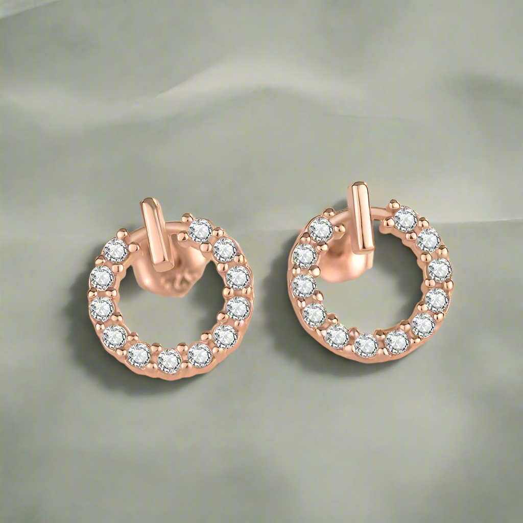 Rose Gold Cubic Zirconia Circular Stud Earrings - Sterling Silver