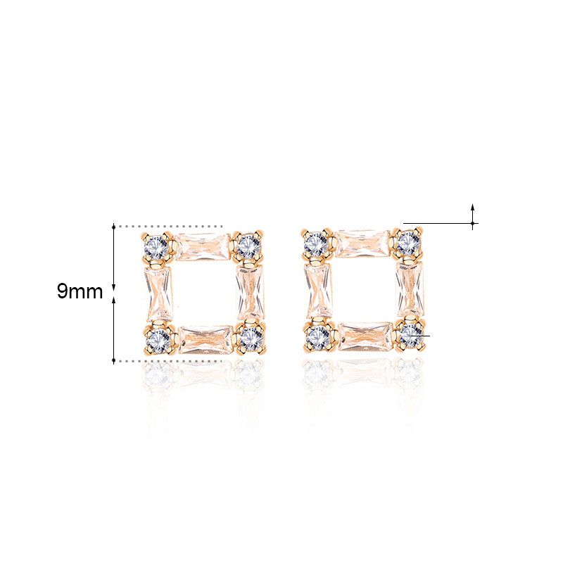 Golden Cubic Zirconia Hollow Square Stud Earrings - Sterling Silver