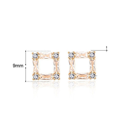 Golden Cubic Zirconia Hollow Square Stud Earrings - Sterling Silver