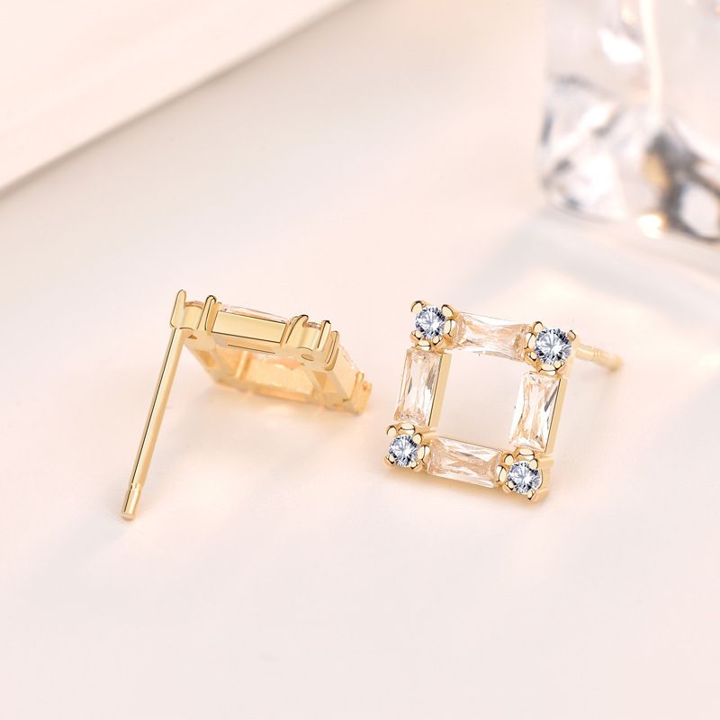 Golden Cubic Zirconia Hollow Square Stud Earrings - Sterling Silver