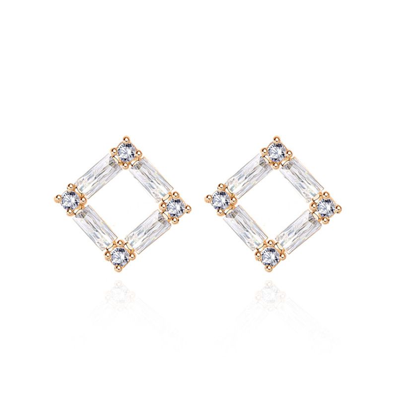 Golden Cubic Zirconia Hollow Square Stud Earrings - Sterling Silver