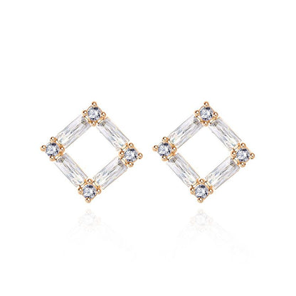 Golden Cubic Zirconia Hollow Square Stud Earrings - Sterling Silver