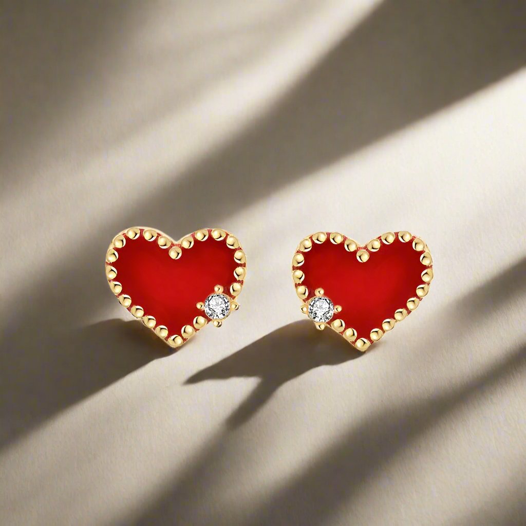 Golden Cubic Zirconia Heart Stud Earrings - Sterling Silver