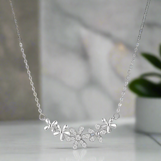 Silver Micro Setting Cubic Zirconia Daisy Flower Necklace - Sterling Silver