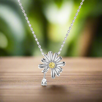 Silver Daisy Flower Cubic Zirconia Necklace - Sterling Silver