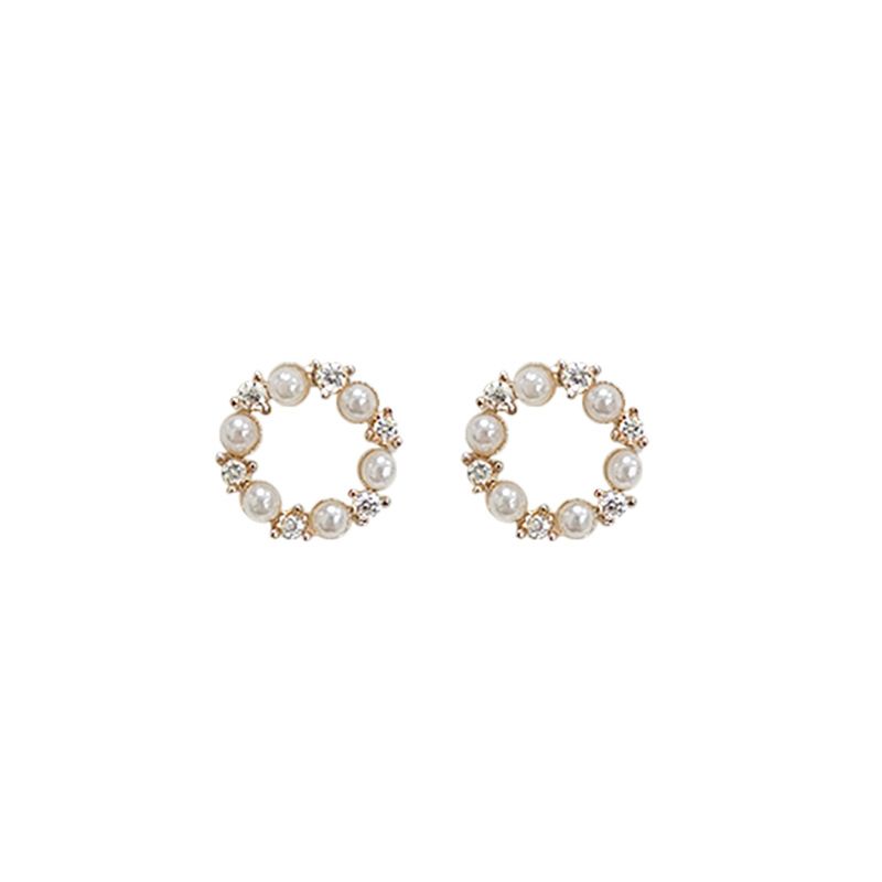 Champagne Gold Mini Shell Pearl & Cubic Zirconia Round Circle Stud Earrings - Sterling Silver