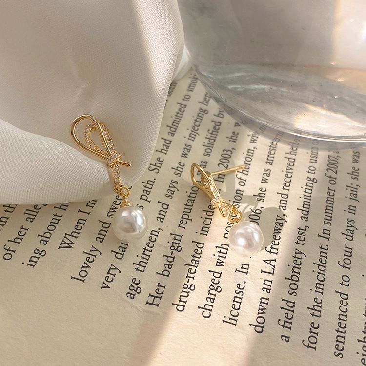 Golden Shell Pearl & Cubic Zirconia Knot Dangling Earrings - Sterling Silver