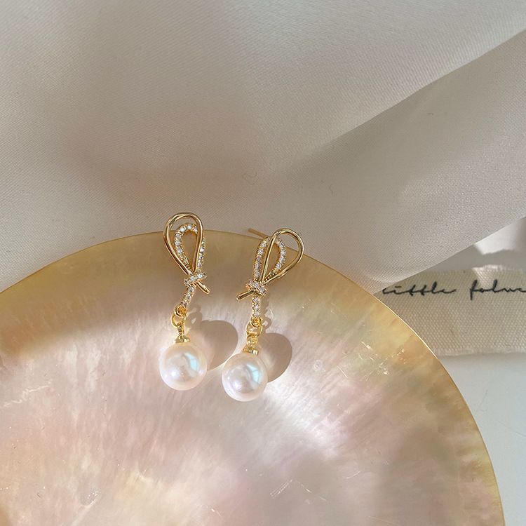 Golden Shell Pearl & Cubic Zirconia Knot Dangling Earrings - Sterling Silver