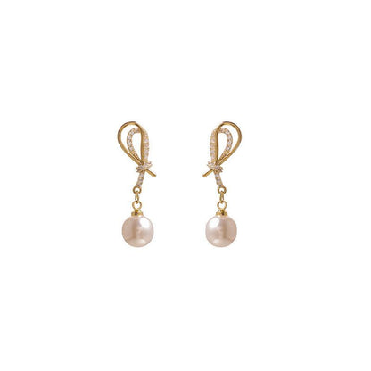 Golden Shell Pearl & Cubic Zirconia Knot Dangling Earrings - Sterling Silver