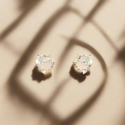 Golden Shell Flower Cubic Zirconia Stud Earrings - Sterling Silver