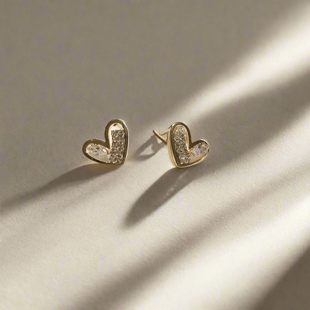 Golden Mini Cubic Zirconia Heart Stud Earrings - Sterling Silver