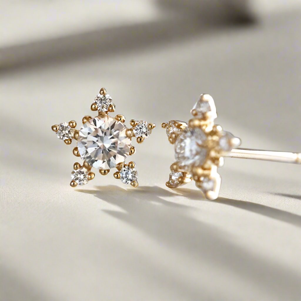 Golden Cubic Zirconia Star Stud Earrings - Sterling Silver