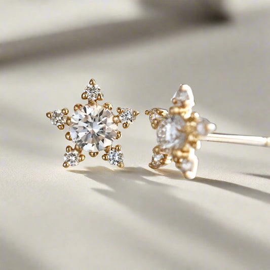 Golden Cubic Zirconia Star Stud Earrings - Sterling Silver