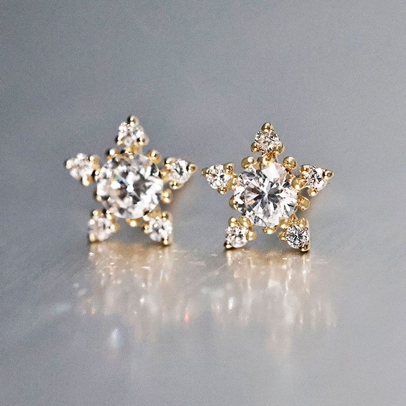 Golden Cubic Zirconia Star Stud Earrings - Sterling Silver