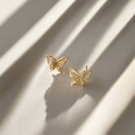 Golden Cubic Zirconia Butterflies Stud Earrings - Sterling Silver