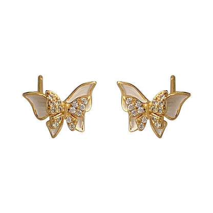 Golden Cubic Zirconia Butterflies Stud Earrings - Sterling Silver