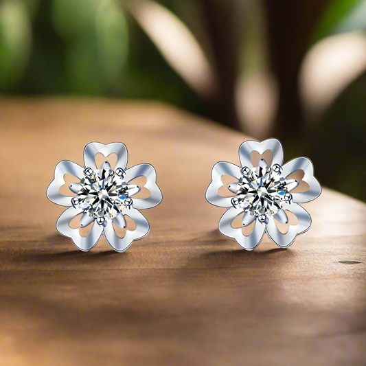 Silver Cubic Zirconia Sakura Flower Stud Earrings - Sterling Silver