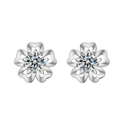 Silver Cubic Zirconia Sakura Flower Stud Earrings - Sterling Silver