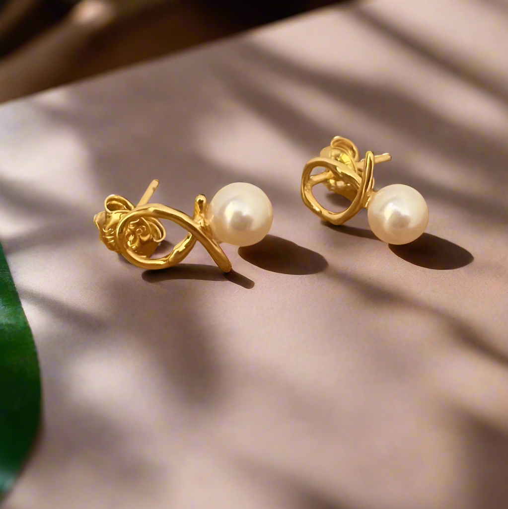 Golden Shell Pearl Hollow Knot Stud Earrings - Sterling Silver