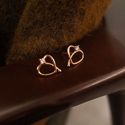 Rose Gold Cubic Zirconia Heart Stud Earrings - Sterling Silver