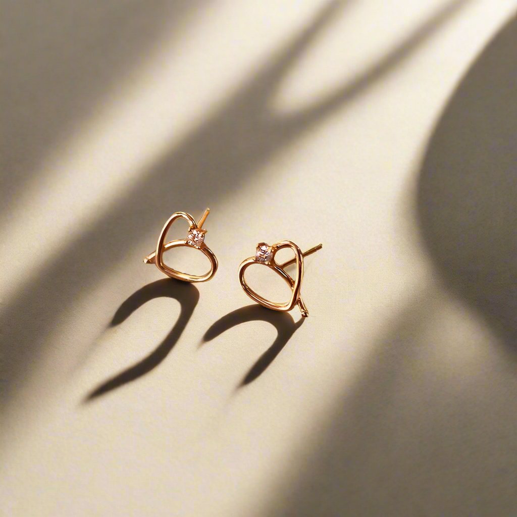 Rose Gold Cubic Zirconia Heart Stud Earrings - Sterling Silver