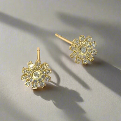 Golden Cubic Zirconia Flower Stud Earrings - Sterling Silver