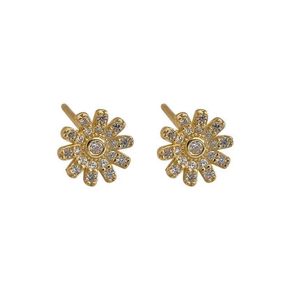 Golden Cubic Zirconia Flower Stud Earrings - Sterling Silver