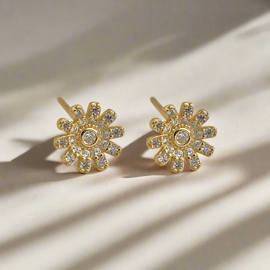 Golden Cubic Zirconia Flower Stud Earrings - Sterling Silver