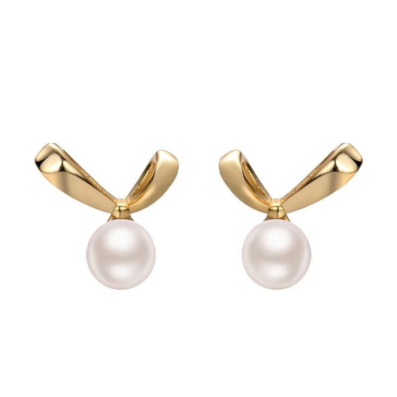 Golden Bow-Knot Shell Pearl Stud Earrings - 999 Sterling Silver