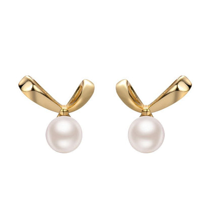 Golden Bow-Knot Shell Pearl Stud Earrings - 999 Sterling Silver