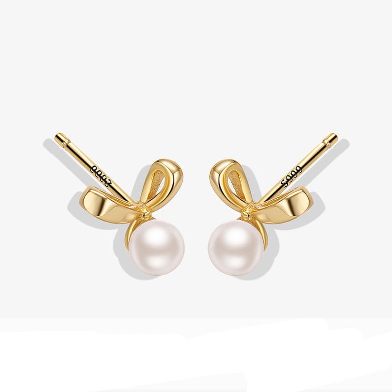 Golden Bow-Knot Shell Pearl Stud Earrings - 999 Sterling Silver