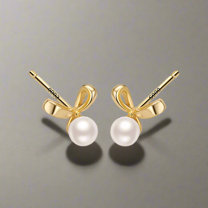 Golden Bow-Knot Shell Pearl Stud Earrings - 999 Sterling Silver