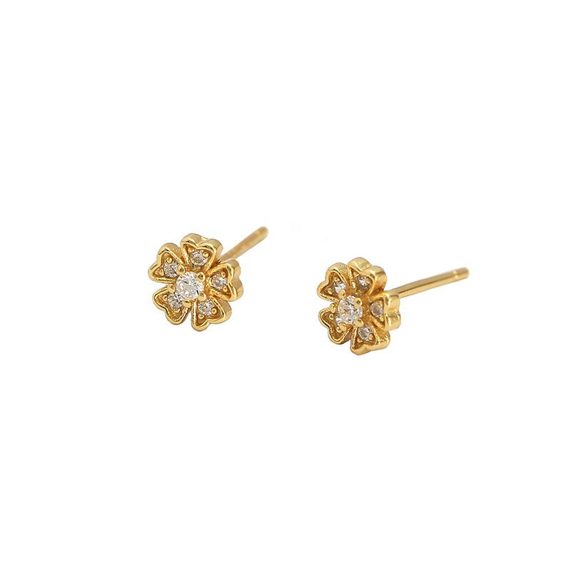 Golden Cubic Zirconia Plum Blossom Stud Earrings - Sterling Silver