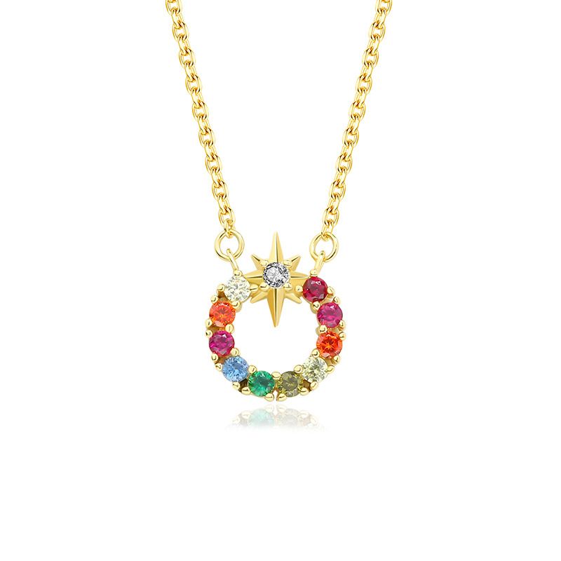 Colorful Cubic Zirconia Star Circular Pendant Delicate Necklace - Sterling Silver