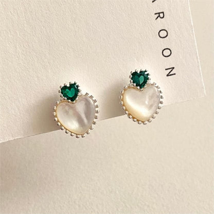 Silver Green Cubic Zirconia & White Shell Stud Earrings - Sterling Silver